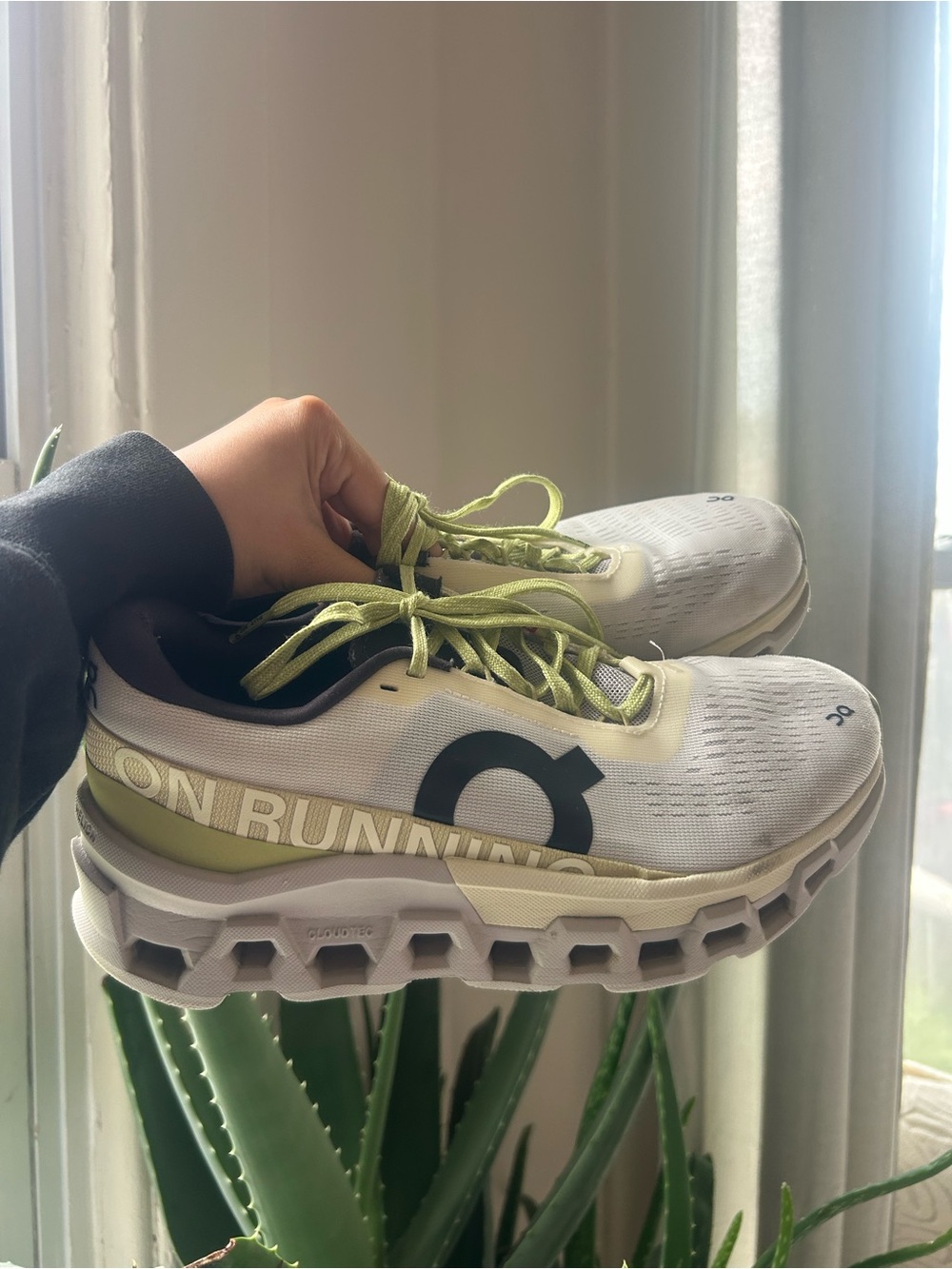 On Running White with Lime Green Accent Running Sneakers